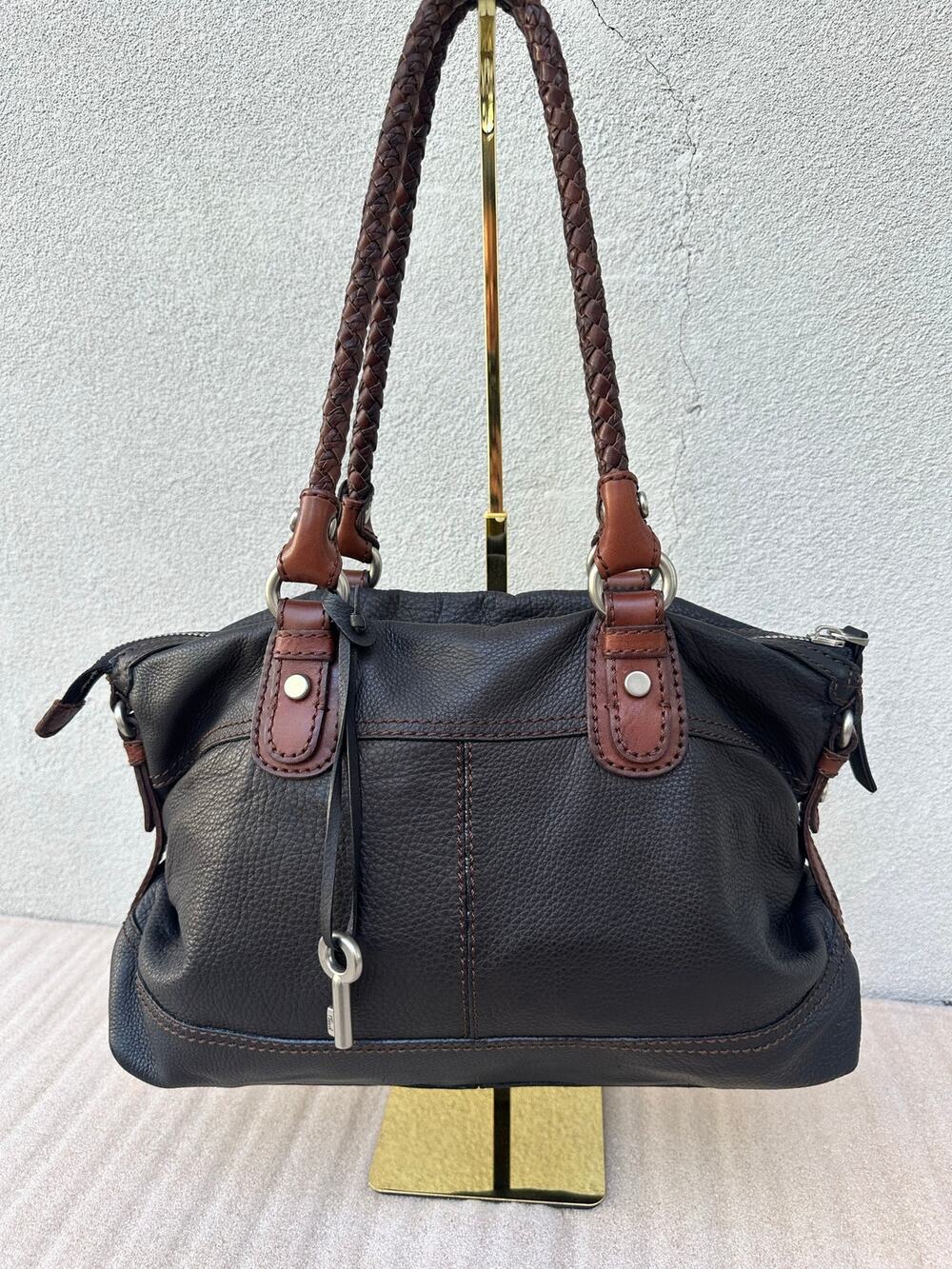 Fossil Black Leather Satchel Shoulder Bag Brown Braided Handles Slouchy Leather